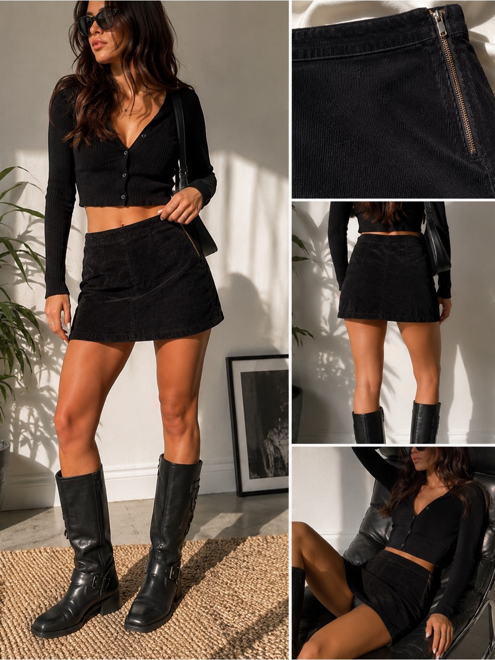 Wilfred Free Aritzia Black Corduroy Mini Skirt Side Zip Women’s Size 10